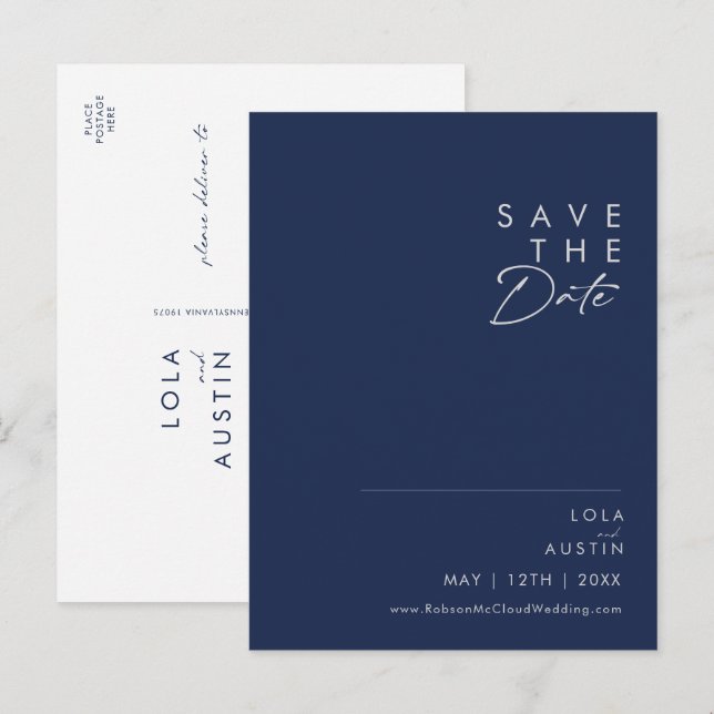Modern Minimalist Navy Blue | Silver Save The Date Invitation Postcard (Front/Back)