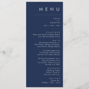 Modern Minimalist Navy Blue Silver Wedding Dinner Menu