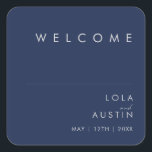 Modern Minimalist Navy Blue Silver Wedding Welcome Square Sticker<br><div class="desc">This modern minimalist navy blue silver wedding welcome square sticker is perfect for your classy boho wedding. Its simple, unique abstract design accompanied by a contemporary minimal script and a dark navy blue colour palette gives this product a feel of elegant formal luxury while staying simplistic, chic bohemian. Keep it...</div>