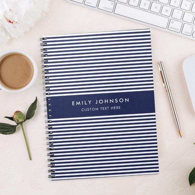 Modern Minimalist Navy Blue Stripes Monogram Notebook (Creator Uploaded)