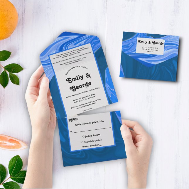 Modern Minimalist Navy Blue Waves Abstract Wedding All In One Invitation (Creator Uploaded)