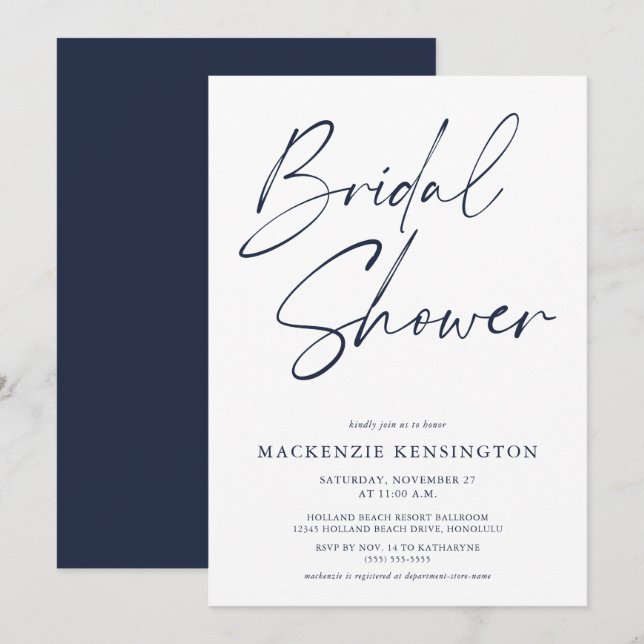 Modern Minimalist Navy Blue White Bridal Shower Invitation (Front/Back)