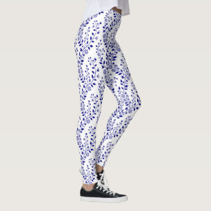 Modern Minimalist Navy Blue White Floral  Leggings