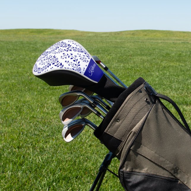 Modern Minimalist Navy Blue White Floral Script  Golf Head Cover (In Situ)