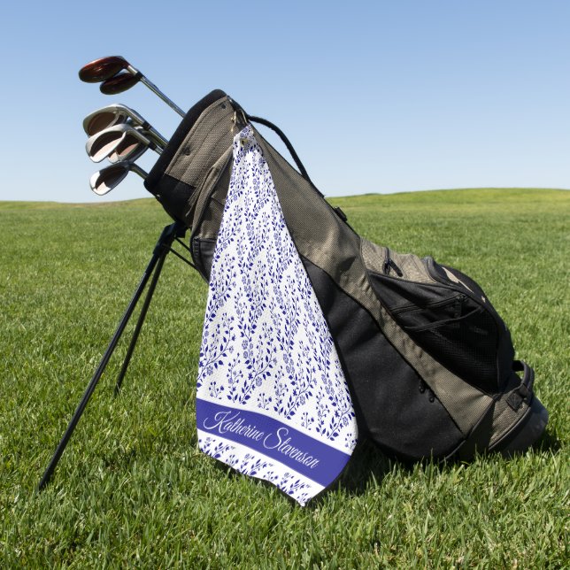Modern Minimalist Navy Blue White Floral Script Golf Towel (Green)