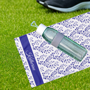 Modern Minimalist Navy Blue White Floral Sports Hand Towel