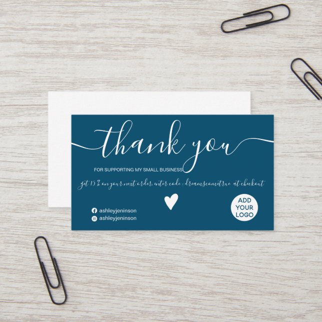 Modern minimalist navy blue white order thank you business card (Front/Back In Situ)