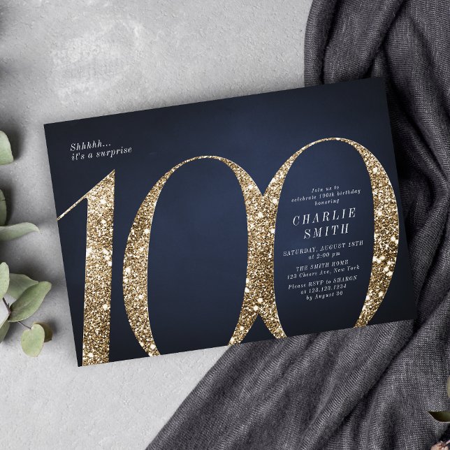 Modern minimalist navy gold glitter 100th birthday invitation (Modern minimalist navy gold glitter 100th birthday invitation)