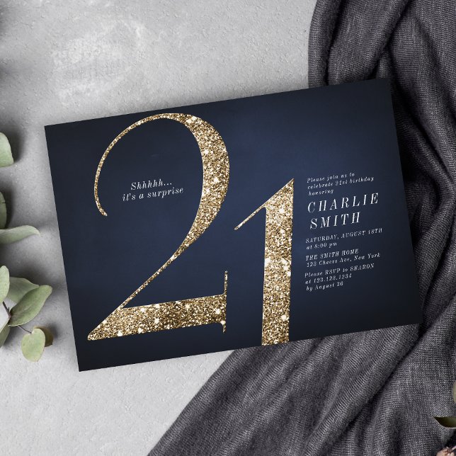 Modern minimalist navy gold glitter 21st birthday invitation (Modern minimalist navy gold glitter 21st birthday invitation)