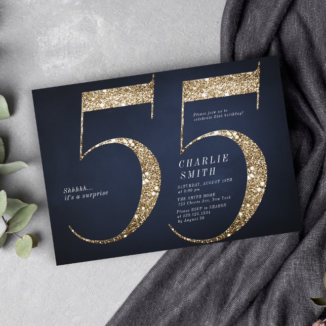 Modern minimalist navy gold glitter 55th birthday invitation (Modern minimalist navy gold glitter 55th birthday invitation)
