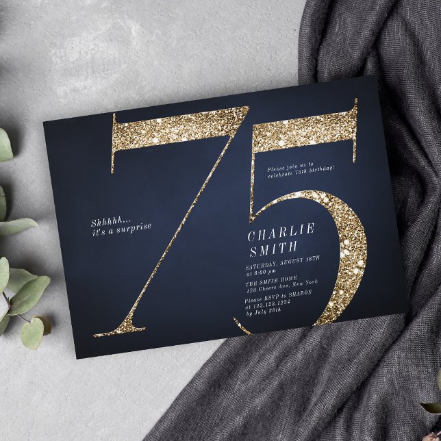Modern minimalist navy gold glitter 75th birthday invitation (Modern minimalist navy gold glitter 75th birthday invitation)