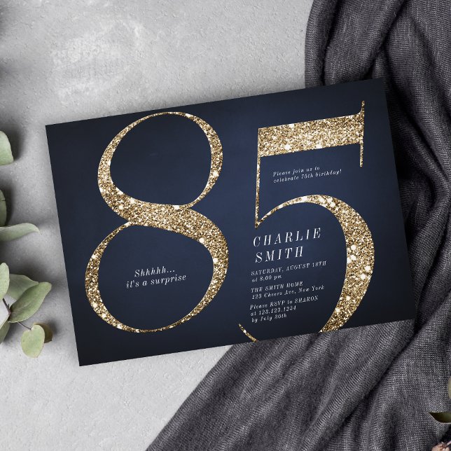 Modern minimalist navy gold glitter 85th birthday invitation (Modern minimalist navy gold glitter 85th birthday invitation)