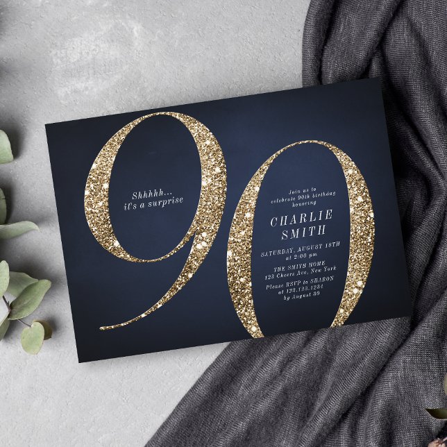 Modern minimalist navy gold glitter 90th birthday invitation (Modern minimalist navy gold glitter 90th birthday invitation)