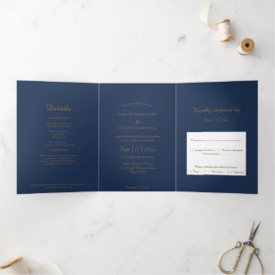 Modern Minimalist Navy Gold Tri-Fold Invitation