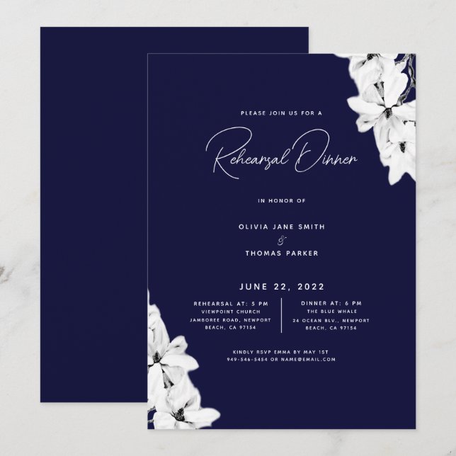 Modern Minimalist Navy Magnolia Rehearsal Dinner Invitation (Front/Back)