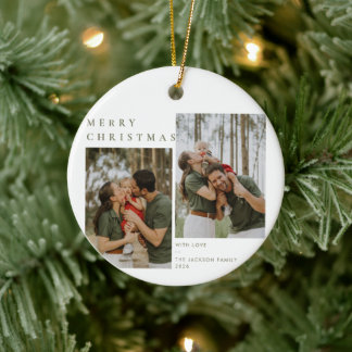 Modern Minimalist Neutral Christmas Family Photo Ceramic Tree Decoration