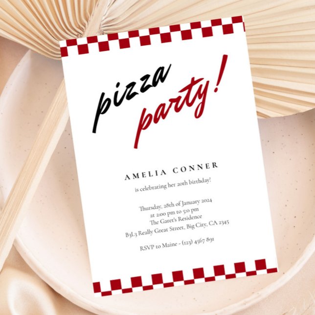 Modern Minimalist Neutral Pizza Party Invitation (Checkered Red and White Pizza Party Invitation)