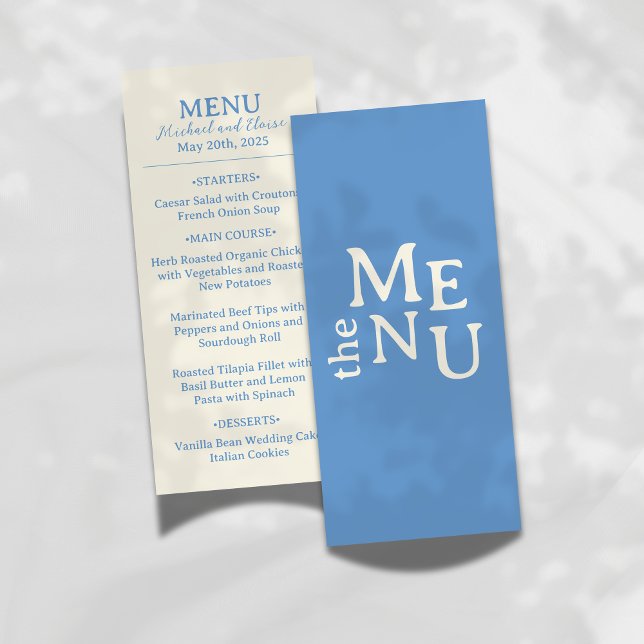 Modern Minimalist Neutral Wedding Reception Menu (Add a refined touch to your reception with this Modern Wedding Menu in soft blue and tan tones.)