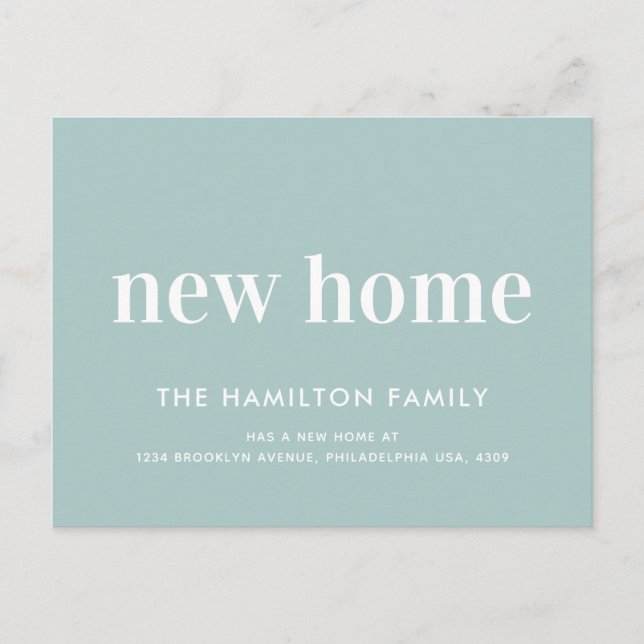 Modern Minimalist New Home Pastel Green Announcement Postcard (Front)