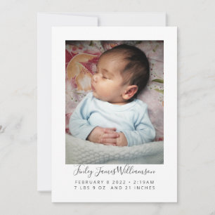 Modern Minimalist Newborn Photo Stats Birth Announcement