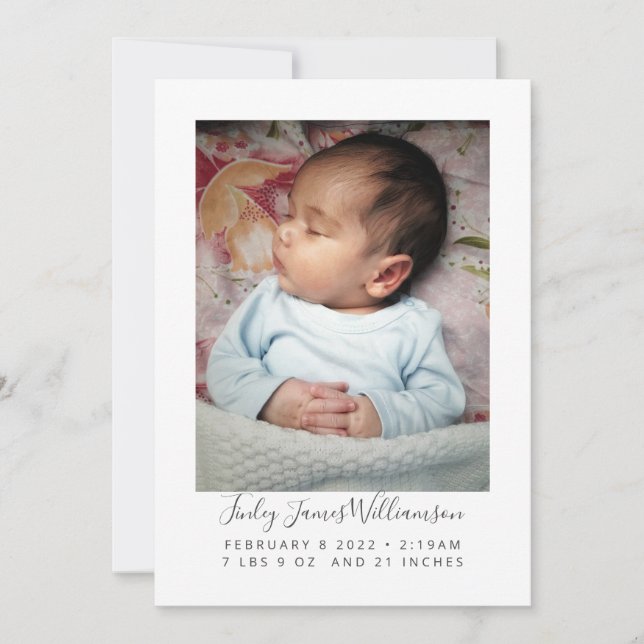 Modern Minimalist Newborn Photo Stats Birth Announcement (Front)