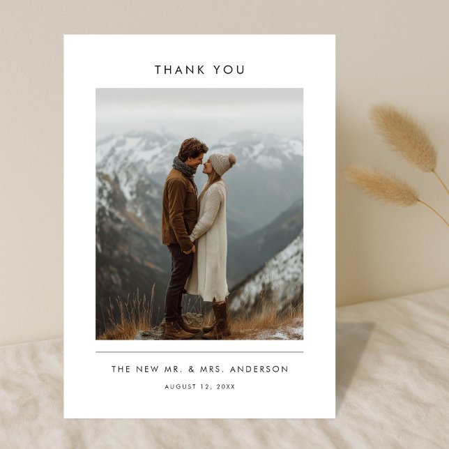 Modern Minimalist Newlywed Mountain Photo Wedding Thank You Card (Creator Uploaded)