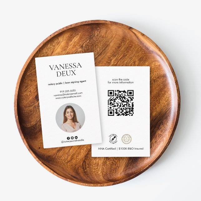 Modern Minimalist Notary Photo Simple QR Code  Business Card (Creator Uploaded)