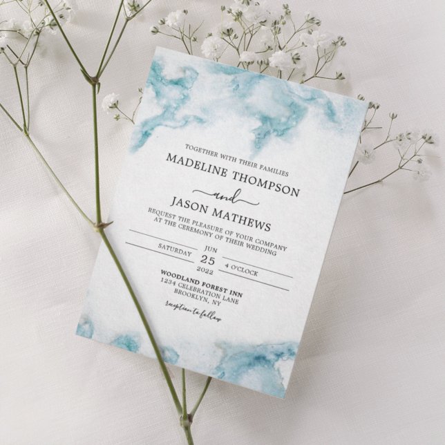 Modern Minimalist Ocean Blue Watercolor Wedding Invitation (Creator Uploaded)