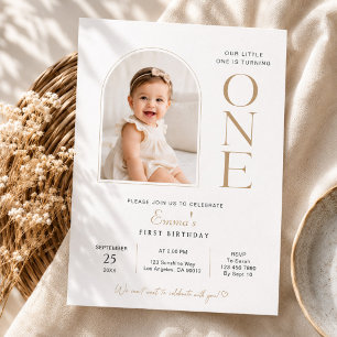 Modern Minimalist One First Birthday Arch Photo  Invitation