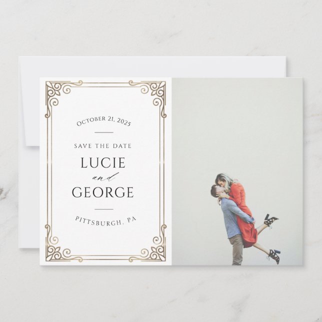 Modern Minimalist Ornamental Frame Save the Date (Front)