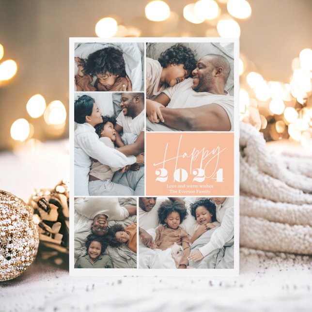 Modern minimalist peach 6 photos Happy 2024 Holiday Card (Modern minimalist peach 6 photos Happy 2024 Holiday Card)