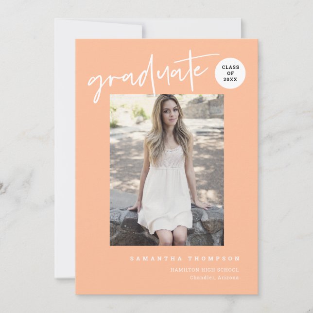 Modern Minimalist Peach School Grad Party Photo Invitation (Front)