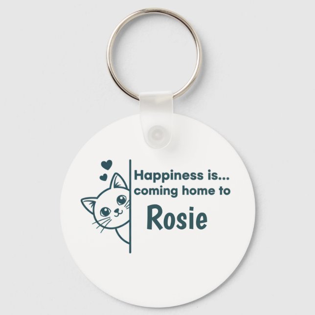 Modern Minimalist Peeking Cat Happiness Is Coming  Key Ring (Front)