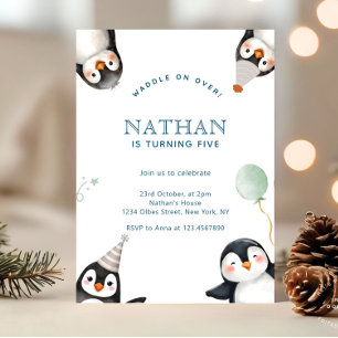 Modern Minimalist Penguin Winter Birthday Party Invitation