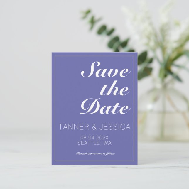 Modern Minimalist Periwinkle & White Save The Date Announcement Postcard (Standing Front)