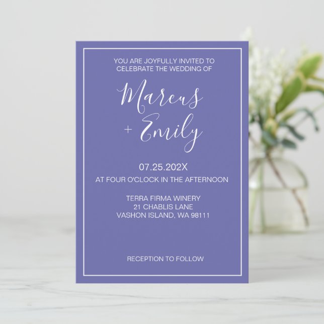 Modern Minimalist Periwinkle & White Wedding  Invitation (Standing Front)