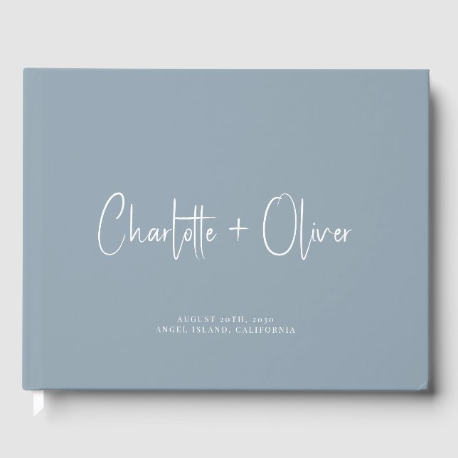 Modern Minimalist Personalised Dusty Blue Wedding Guest Book (Front)