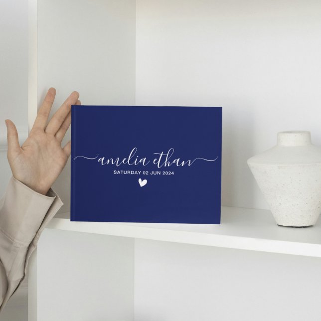 Modern Minimalist Personalised weddings navy linen Guest Book (Modern Minimalist Personalized weddings navy linen blue simple elegant script trendy chic calligraph)