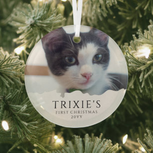 Modern Minimalist Pet Cat's First Christmas Photo Glass Tree Decoration