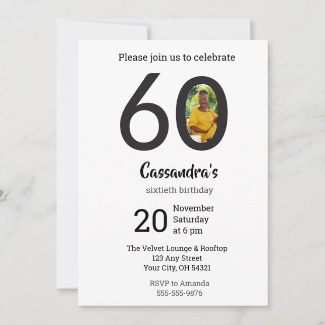 Modern Minimalist Photo 60th Birthday  Invitation (Front)