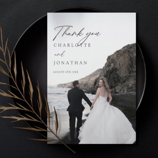 Modern Minimalist Photo Black Wedding Thank You Card (Creator Uploaded)