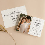 Modern Minimalist Photo Calendar White Wedding Save The Date<br><div class="desc">Modern Minimalist Photo Calendar White Wedding Save the Date. Easily personalise by replacing each info. Please upload a portrait/vertical photo. Move the circle by clicking the link Customise further. Make sure to check the preview before adding to cart. (Sample Photo by Jonathan Borba from Pexels)</div>