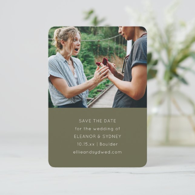 Modern Minimalist Photo Chic Olive Moss Wedding  Save The Date (Standing Front)