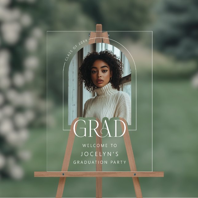 Modern Minimalist Photo Graduation Party Welcome Acrylic Sign (Shown on an 18" x 24" clear acrylic sign)