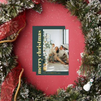 Modern Minimalist Photo Green Merry Christmas Foil Holiday Card