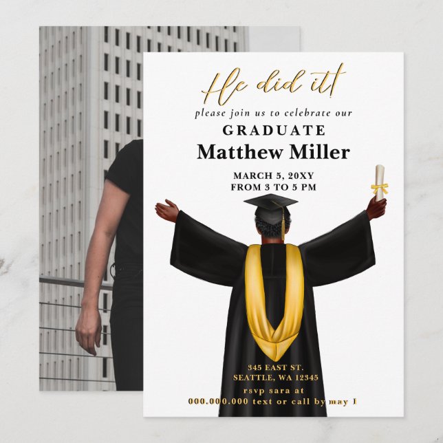 Modern Minimalist Photo He Did It Graduation Invitation (Front/Back)