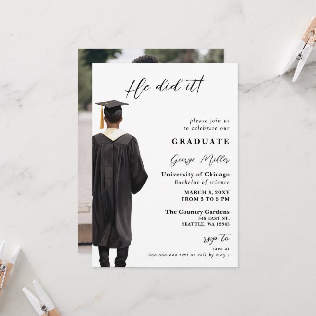 Modern Minimalist Photo he Did It Graduation Invitation (Front/Back In Situ)