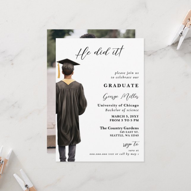 Modern Minimalist Photo he Did It Graduation Invitation (Front/Back In Situ)
