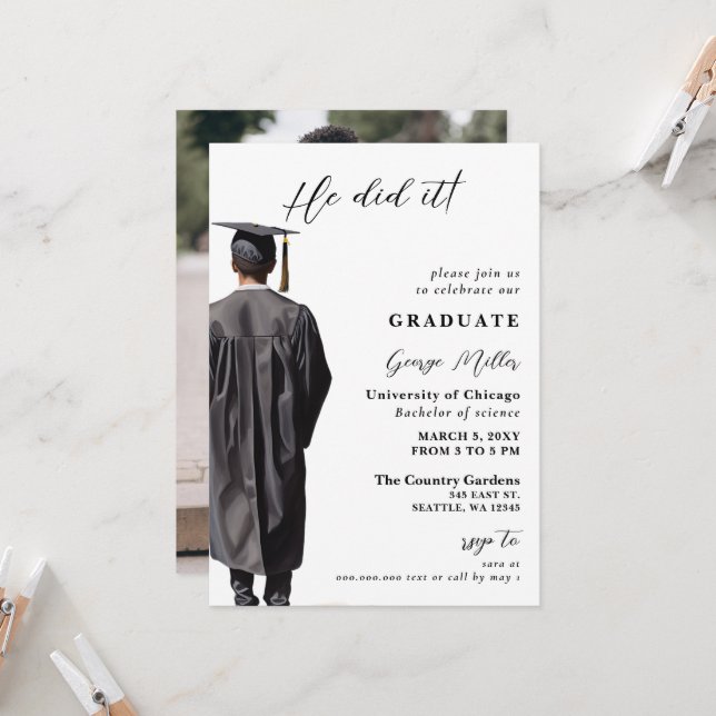 Modern Minimalist Photo he Did It Graduation Invitation (Front/Back In Situ)