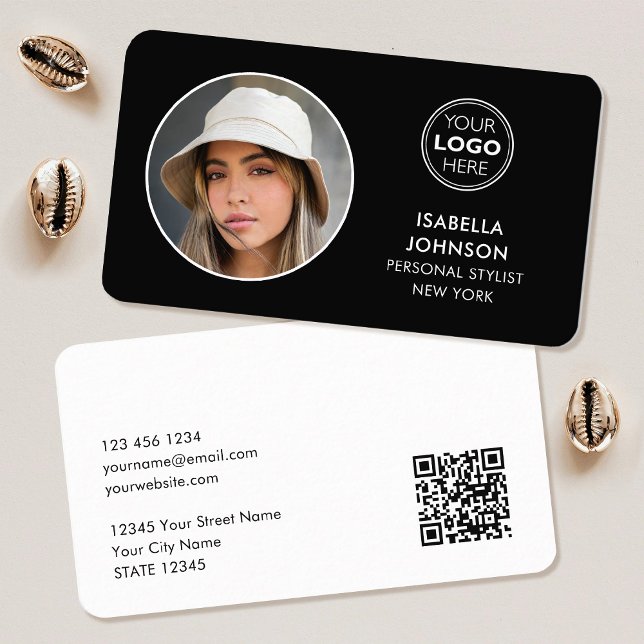 Modern Minimalist Photo Logo QR Code Black White Business Card (Creator Uploaded)